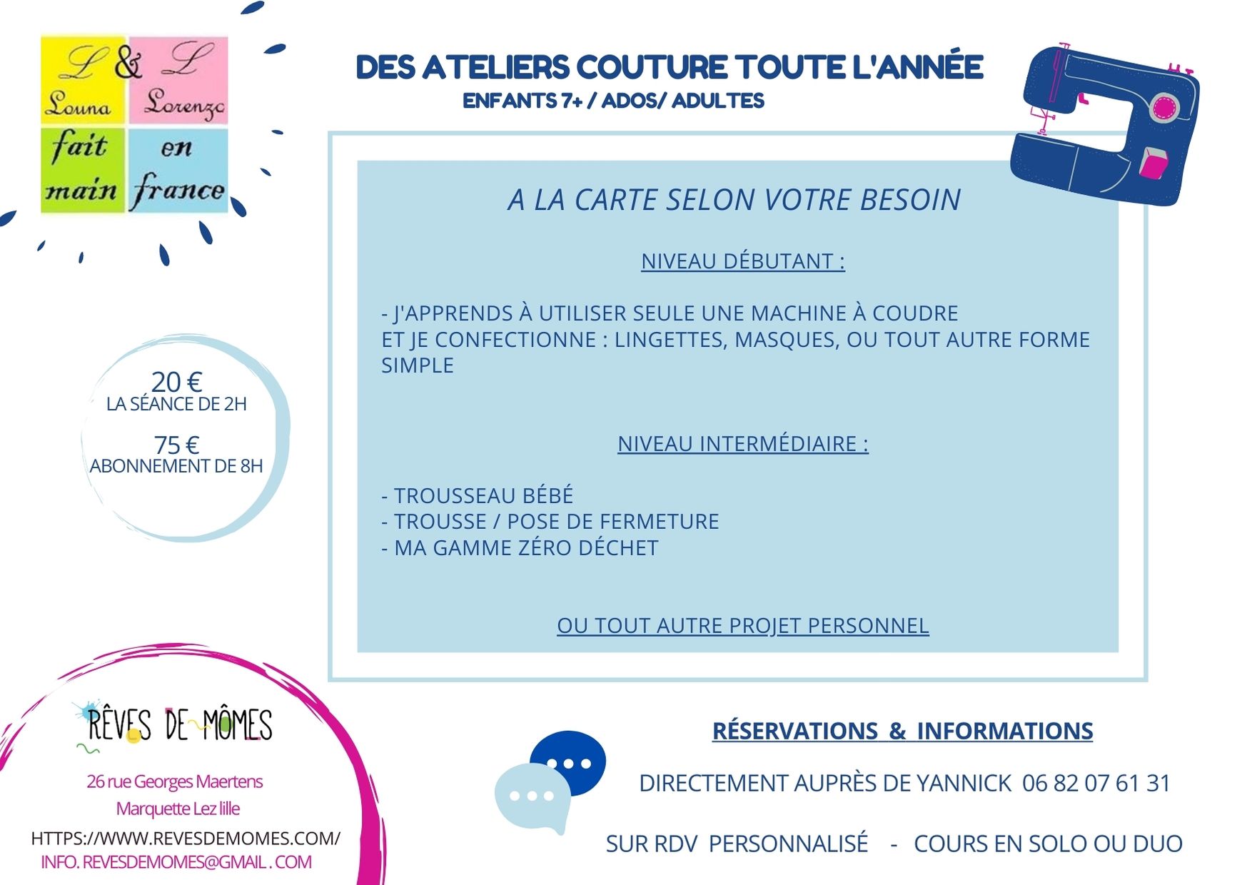 Ateliers créatifs couture reves momes craienco nord diy