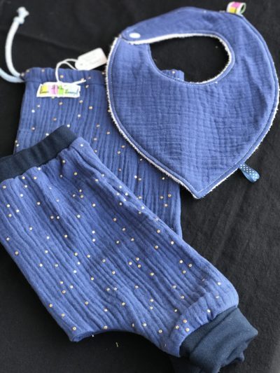 Pochons, bavoir et sarouel bébé en double gaze ( avec ou sans paillette)
